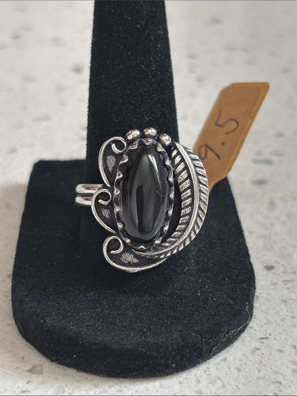 Black Onyx Gemstone Leaf Ring Size-9.5